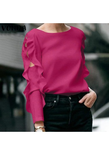 Vonda Kadın Yaz Modası Yuvarlak Yaka Puf Uzun Kollu Bluz Mavi