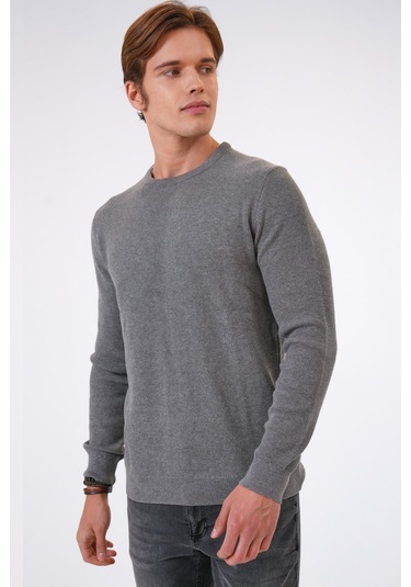 Gri Regular Fit Jakarlı Pamuklu Bisiklet Yaka Triko-gri Gri