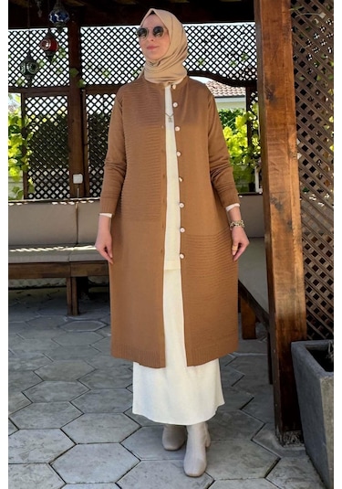 Manolya Camel Triko Hırka Çok Renkli