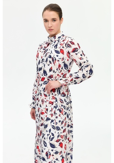 Yaprak Desenli Empirime Elbise Lacivert