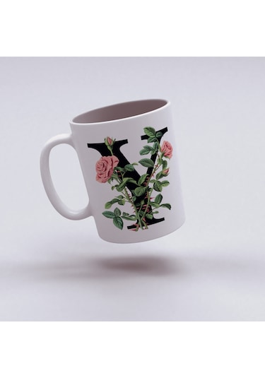 Y Baş Harf Kırmızı Güller İle Sarılı Bardak 330 Ml Kişiye Özel Çiçekli Hediye Beyaz