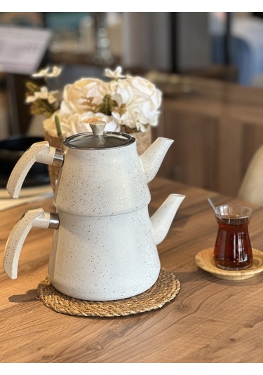 Yunusoğlu Home Granit Kaplama Pramit Cam Kapaklı Çaydanlık Krem Bej