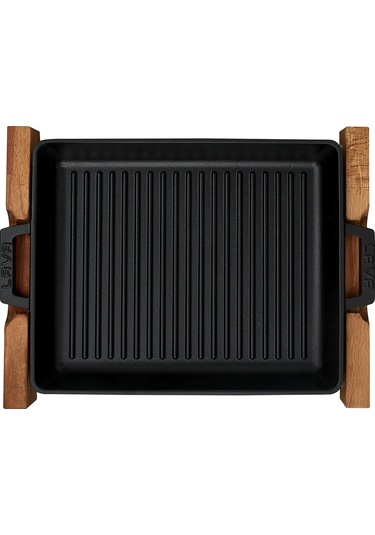 Lava Döküm Izgara Tava, Metal Kulplu, Ahşap standlı. Ölçü 26x32cm