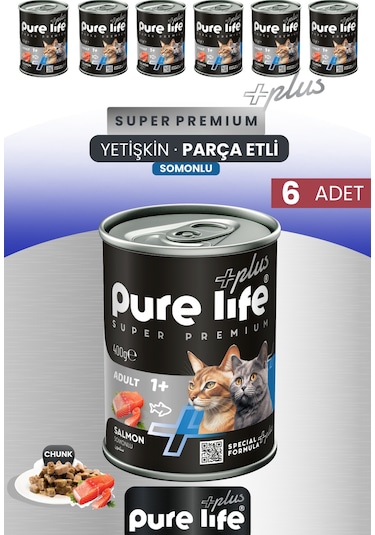 Purelife Plus 6'lı Somonlu Yetişkin Konserve Chunk Parça Etli Yaş Mama 400 G