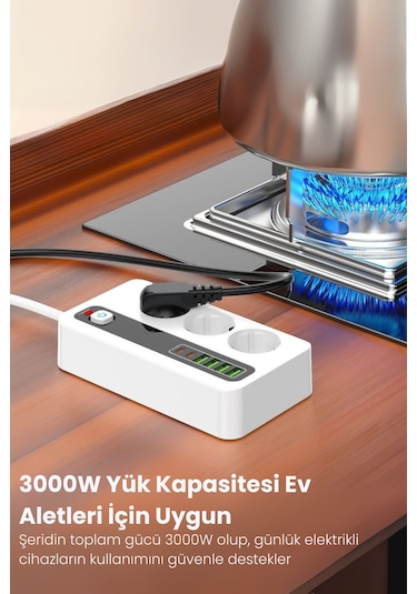 Pro P10 3x Priz 3000w Akım Korumalı 4x Usb 2x Type-c Girişli Çoklu Priz 0.2 M