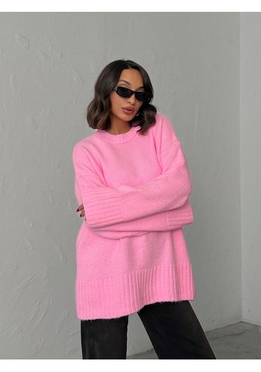 Kadın Yumuşak Dokulu Bisiklet Yaka Oversize Basic Triko Kazak Pembe