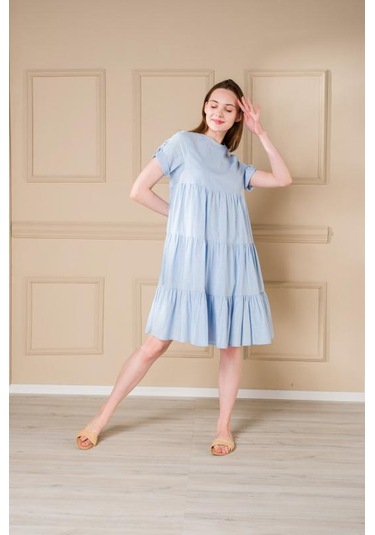 Pastelastore Kadın Yazlık Pamuk Kısa Elbise 1108 Bebe Mavisi