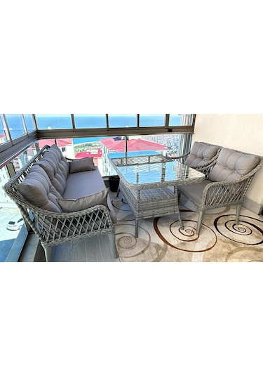 Kaş 3+1+1+masa Rattan Bahçe Balkon Mobilyası Gri