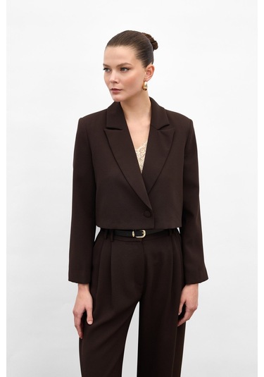 Sateen Luna Kısa Ceket - Kahve-136879 Kahve