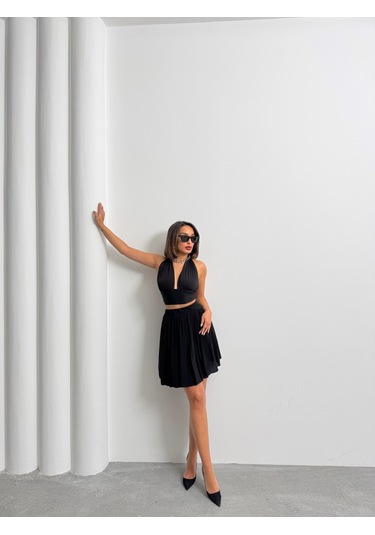 Kadın Modal Dokulu Piliseli Şortlu Mini Etek Siyah