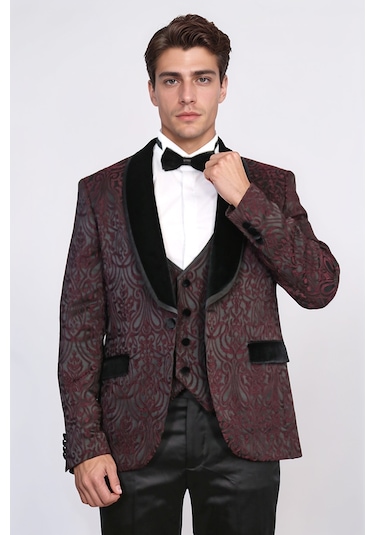 Barok Desenli Kadife Şal Yaka Yelekli Bordo Smokin - Wessi Bordo