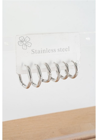 Kadın 316 L Çelik Anti Alerjenik Beşgen Model 3 Boy 1.8cm / 2.2 Cm /2.5 Cm Klipsli 6'lı Set Küpe -5129 Gümüş