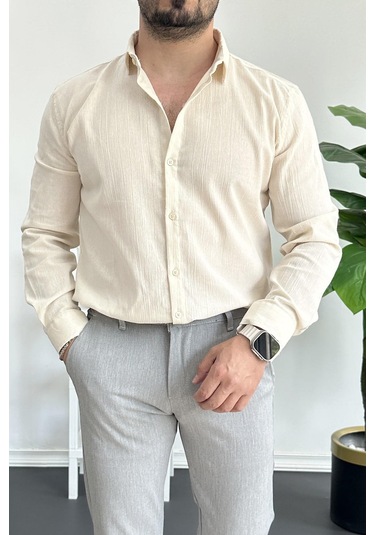 Erkek Krinkıl Kumaş Gömlek Krem Edw362 Krem