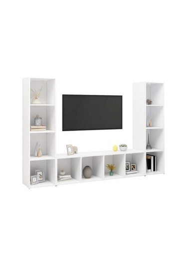 Tdesıgno Yigit Kitaplıklı Televizyon Sehpası - Ünitesi -kitaplık-beyaz 180 Cm 12 Raflı Beyaz