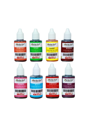 Perfection Chef 8'li Sıvı Su Bazlı Likit Gıda Boyası Bordo Pembe Turuncu Sarı Kırmızı Mavi Yeşil Mor 8 X 30 Gr .