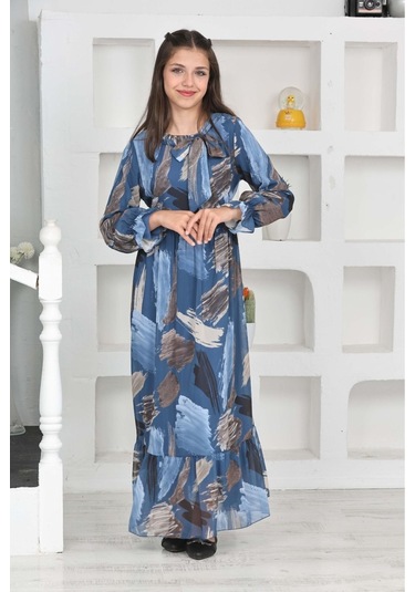 Genç Kız Pamuk Astarlı Şifon Kumaş Uzun Tam Boy Tesettür Elbise Mavi