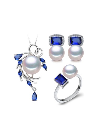 Beyaz Lsooyh Doğal Tatlı Su Inci Kolye Kübik Zirkonya Mavi Kristal Çiçek Küpe Yüzük Kadınlar Için Inci Takı Setleri Beyaz