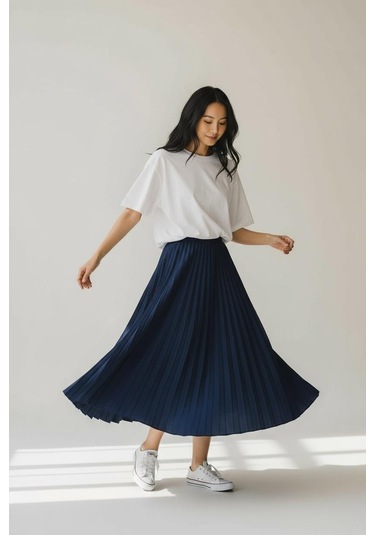 Pileli Pamuklu Dokuma Viskon Kışlık Etek 95 Cm - 38-48 Lacivert