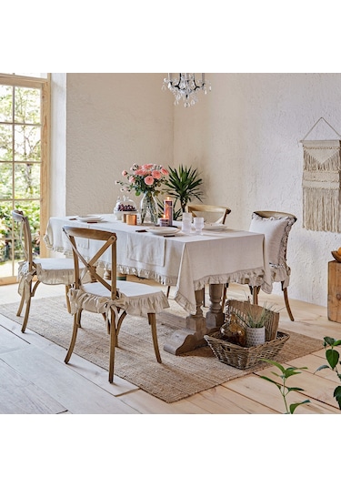 El Yapımı Buldan Yıkanmıs Keten 4 Tarafı Fırfırlı Sandalye Minderi Kılıfı Süngersiz Naturel