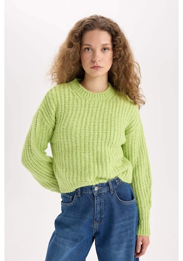 DeFacto Coool Oversize Geniş Kalıp Bisiklet Yaka Triko Kazak V1811AZNSGN597 Yeşil