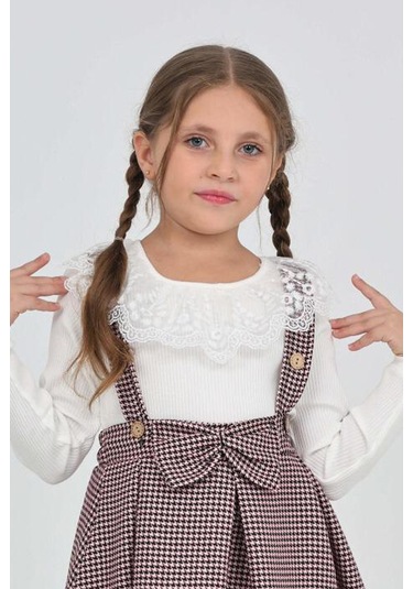 Kız Çocuk Dantel Yakalı Salopet Askılı Kazayağı Desenli 2'li Elbise 12304 Koyu Pembe