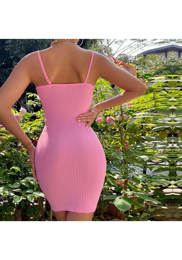 Hnxc Kadın Moda Yaz Bahar Düz Renk Baskı Kolsuz Kare Yaka Yüksek Bel Günlük Elbiseler Pembe