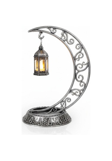 Dekoratif 28 Cm Hilal Eskitme Gümüş Ramazan Led Lamba 10 Cm Kancalı Set Diğer