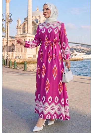Bestenur Alera Desenli Viskon Elbise 1720 - Pembe