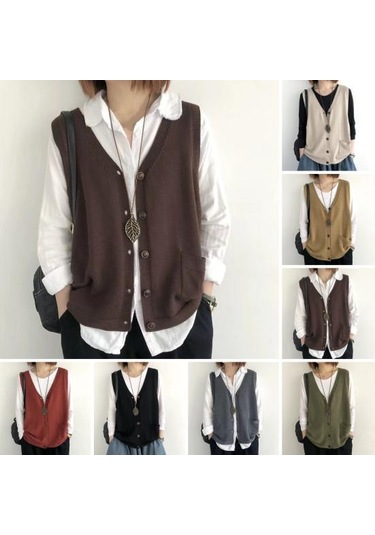 Yeşil Kadın Örgü Yelek V Yaka Kolsuz Tek Sıralı Sıcak Yelek Düz Renk Bol Kesim Yeşil