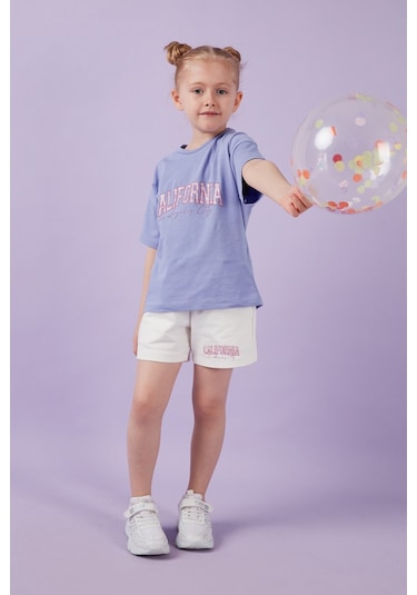 Lela Pamuklu Baskılı Bisiklet Yaka Şortlu Alt-Üst Kız Çocuk Takım 6212004 Lila
