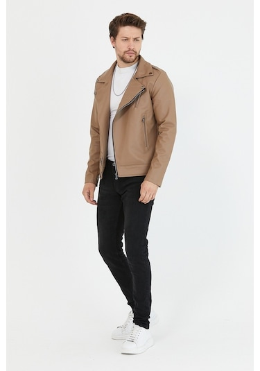 Erkek Vizyon Yeni Sezon Çapraz Fermuarlı Deri Ceket Mont-Vizon