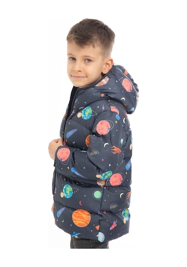 Erkek Çocuk İçi Polarlı Kapüşonlu Gezegen Yıldız Desenli Kışlık Şişme Mont Lacivert