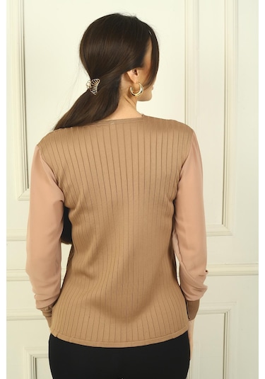 By Saygı Kadın Kolları Şifon V Yaka Kazak-39581 Bej