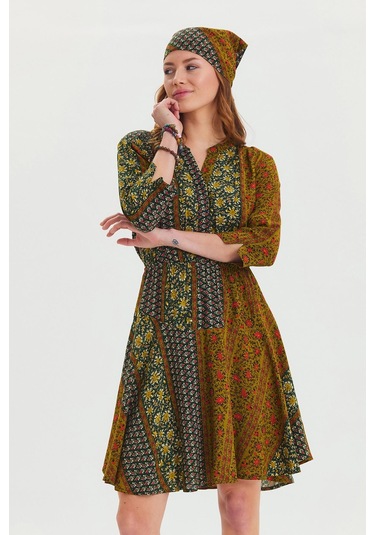 Hakim Yaka Düğme Detaylı Midi Elbise Yeşil