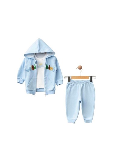 3 Lü Organik Bebek Kapüşonlu Eşofman Takımı-16188 Mavi
