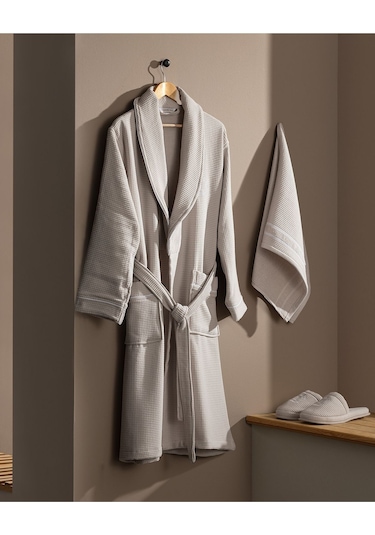 Madame Coco Remi Erkek %100 Pamuk Bornoz Seti - Bej - Lüks Koleksiyon Bej