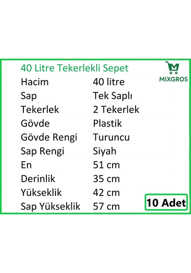 Tekerlekli Plastik Market Alışveriş El Sepeti 40 Litre Turuncu 10 Adet Turuncu