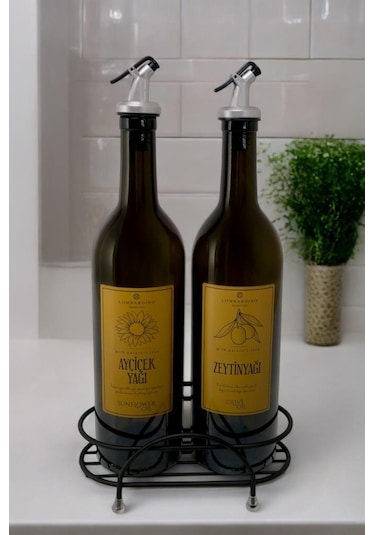 Digithome Petra 2'li Siyah Metal Standlı Yağdanlık Seti Gold Etiketli Amber Yağlık 750 Ml Siyah