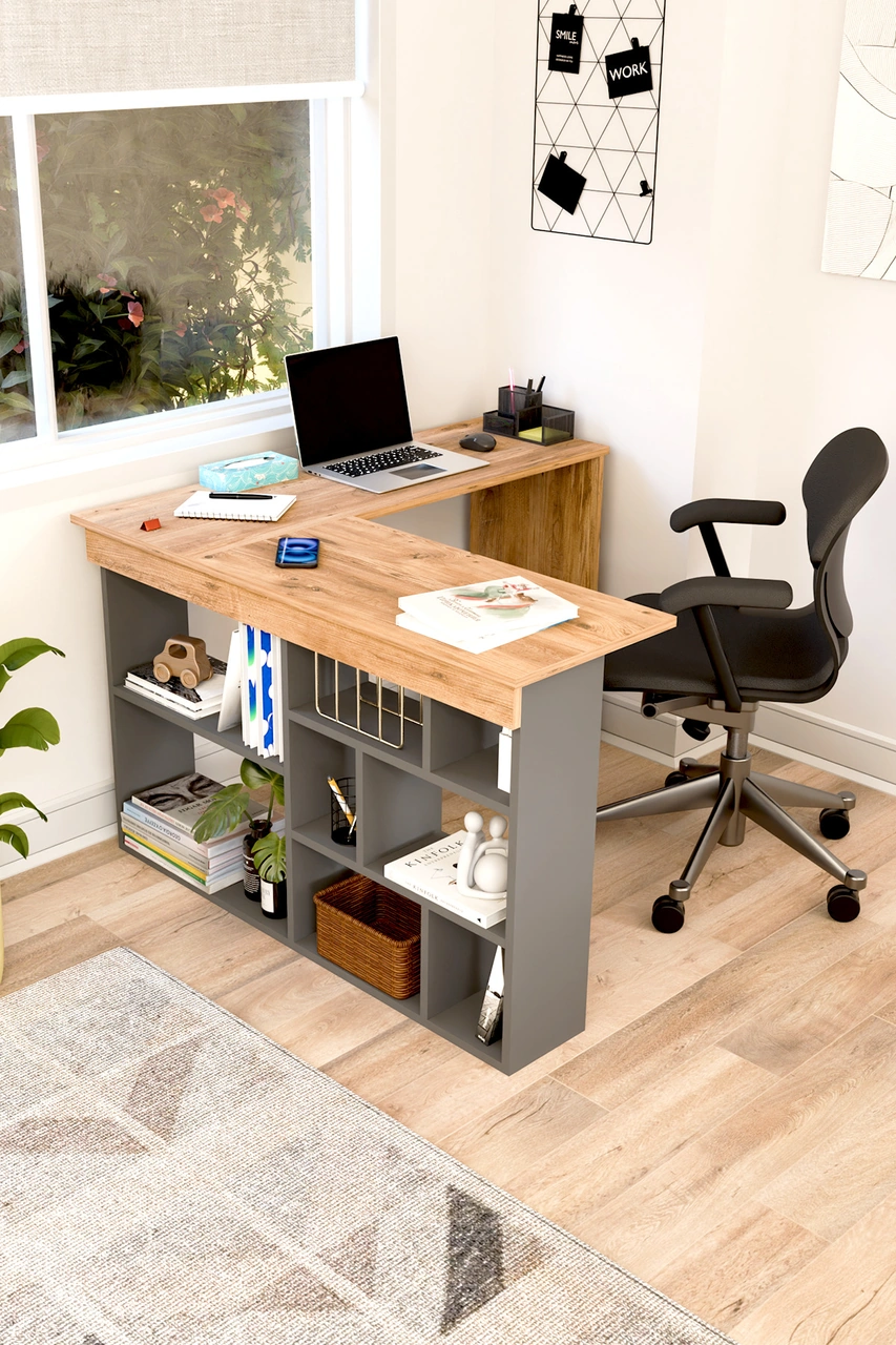 Corn Köşe Çalışma Masası Raflı Bilgisayar, Ofis Masası Atlantik Çam - Antrasit Gri Atlantik Çam - Antrasit
