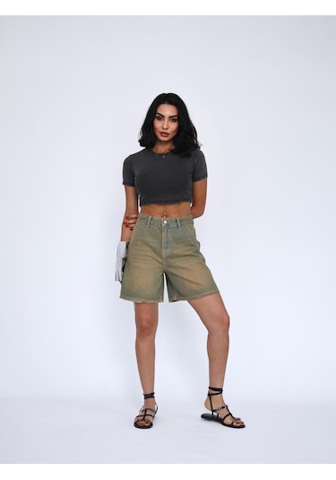 Tint Wash Denim Mini Şort Bej+Yeşiltint