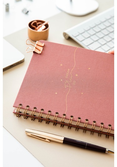 A5 Spiralli Sert Kapak Keten Çizgili Tarihsiz Not Defteri Pembe Pembe
