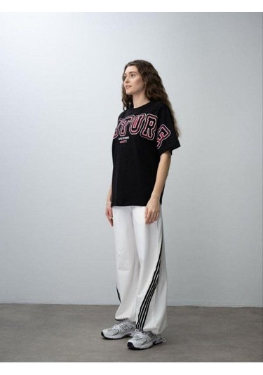 Kız Çocuk Future Baskılı Çizgili Oversize Eşofman Takım-15537 Siyah
