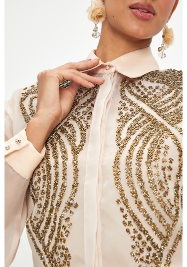 Kadın Şifon Gömlek - Zarif Boncuk İşlemeli Bej