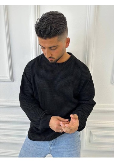 Kazak Oversize Çift Kat Örme Naturel Pamuk Bol Kesim Tüylenmeyen Salaş Triko Kazak Siyah