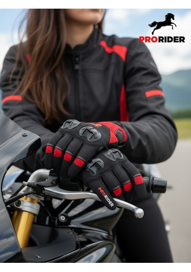 Yüksek Korumalı Kadın Motosiklet Eldiveni Kırmızı Avuç İçi Slider Korumalı