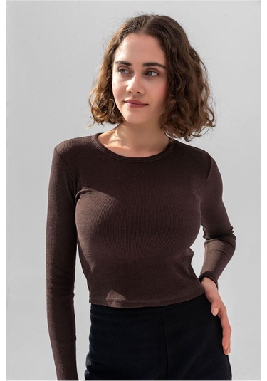 Gri Uzun Kollu Fitilli Bluz Crop Örme T-shirt Kahve