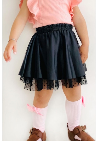 Breeze Kız Çocuk Deri Etek Tüllü 3-7 Yaş, Siyah Siyah