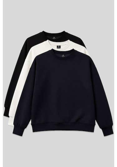 Basic Oversıze O Yaka 3lü Paket Siyah-lacivert- Ekru Kadın Sweatshirt - 97053 Siyah-lacivert-ekru