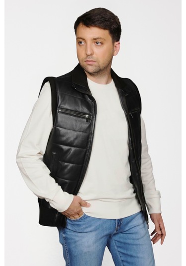 Derije Max Hakiki Deri Erkek Siyah Triko Detaylı Şişme Yelek