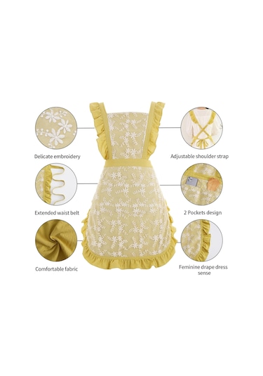 Kadınlar İçin Cepli Vintage Önlük Önlük Elbise Sevimli Çiçekli Che Lime Sarısı, Diğer